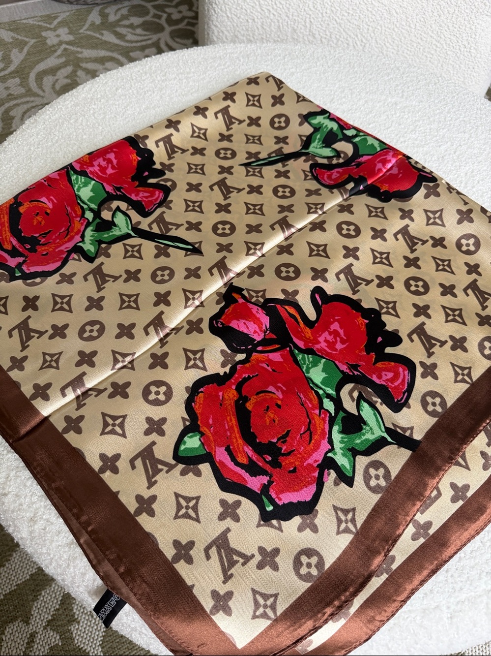 LV Monogram 100% Silk Square Scarf Brown Red Floral Scarf
